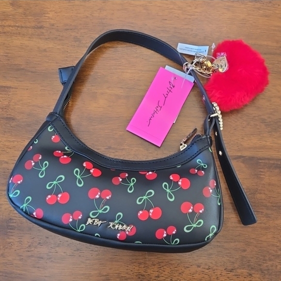 Betsey Johnson BLACK Cherry Bow Bag & Plush Bag Charm Hearts Locket NEW NWT - Picture 7 of 8